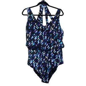 Swimsuits For All Womens Plus Size Faux-Wrap One Piece Swimsuit Sz 24 Blue Print
